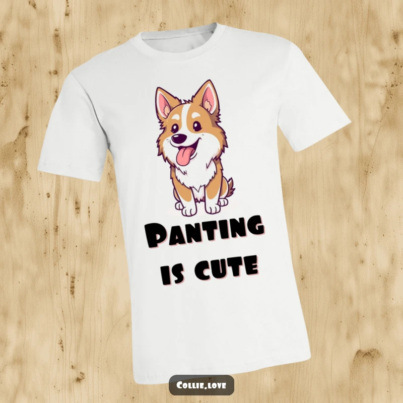 Funny Collie t-shirt, tongue lolling out, panting happily after a run, showcasing hilarious canine exhaustion, ideal funny gift.