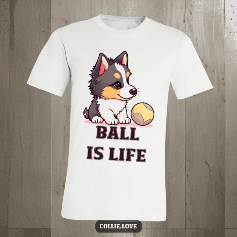 Funny Collie puppy t-shirt, head tilted attentively, staring at a bright ball, capturing a hilarious dog moment, ideal funny gift.
