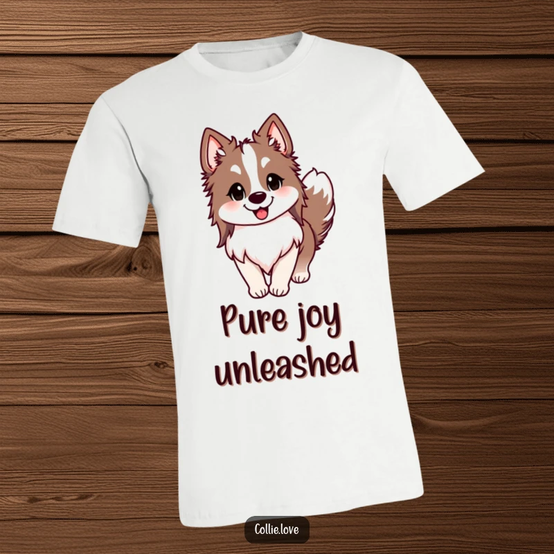 Funny Collie t-shirt with perked ears, a rapidly wagging tail, and a huge happy smile, embodying pure doggy fun, ideal funny gift.