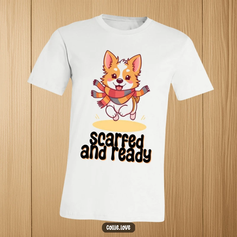 Funny Kawaii Collie t-shirt depicting a happy dog in a colorful scarf, running with pure, uninhibited joy.