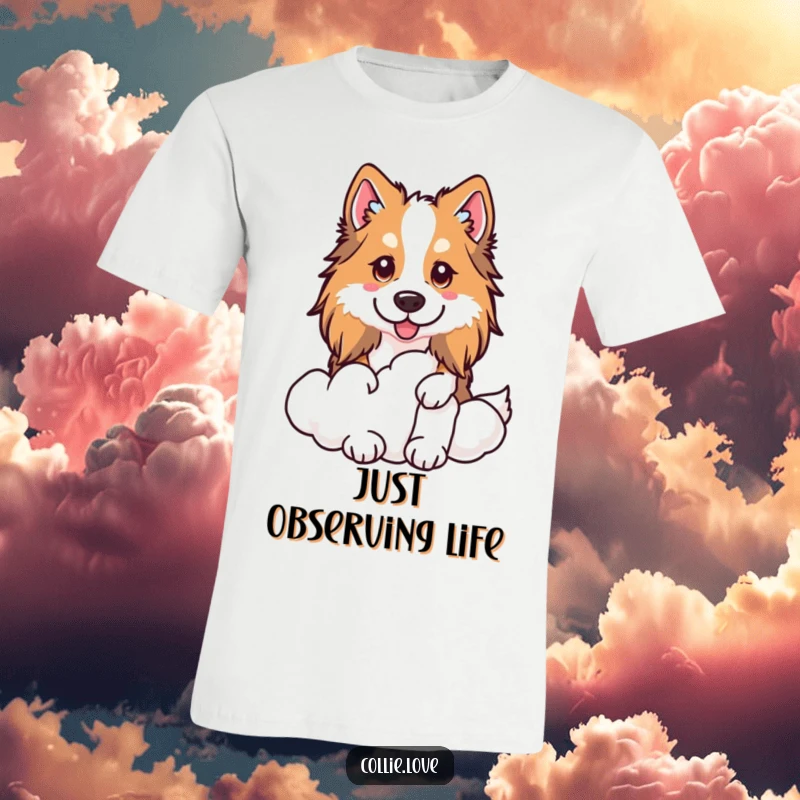 Funny Kawaii Collie T-Shirt, a dog peeking over a fluffy cloud, cute and playful design.
