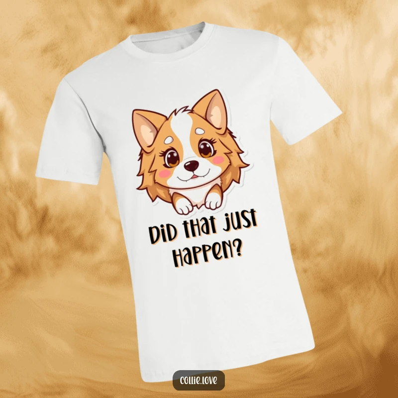 Funny Kawaii Collie T-Shirt, a dog with ears flopped down looking totally surprised and wide-eyed.