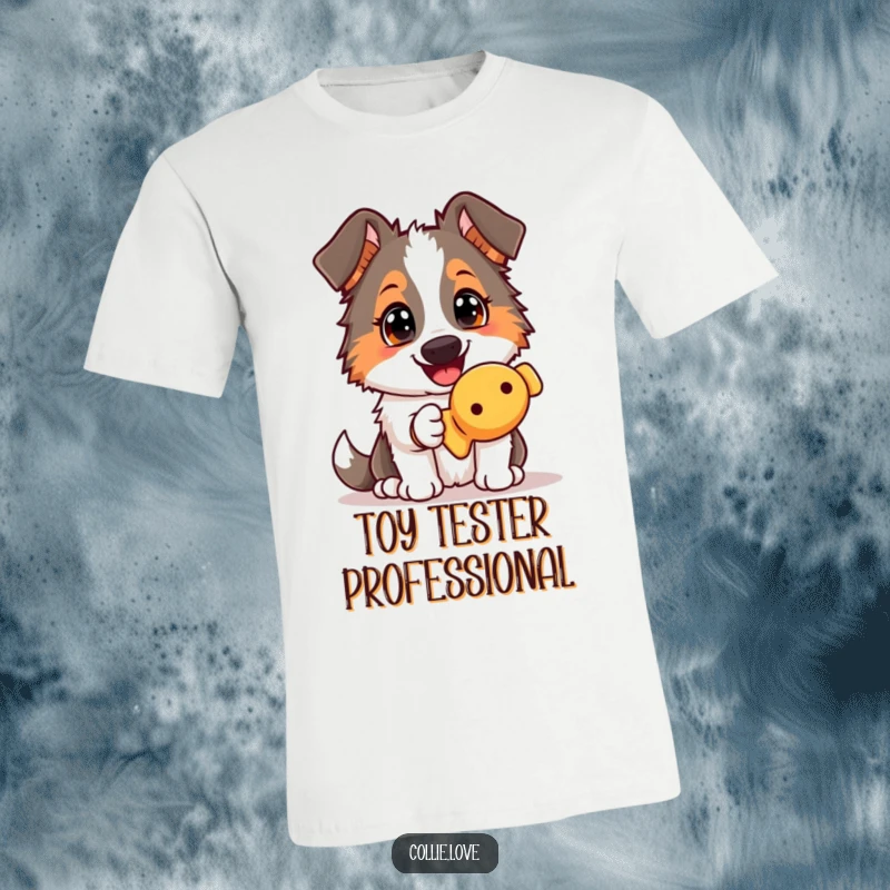 Funny Collie dog t-shirt, holding a squeaky toy, offering it with an eager and happy gaze, inviting playtime.