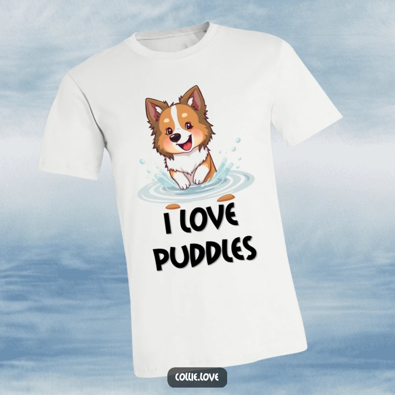 Funny Collie dog t-shirt, happily splashing in a shallow stream, water droplets flying, showcasing pure delight and water-loving antics.