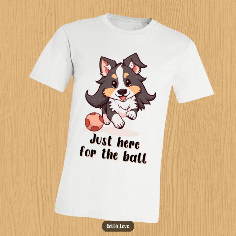 Funny Kawaii Collie t-shirt depicting a cute dog with floppy ears joyfully chasing a bouncing ball in a park setting.