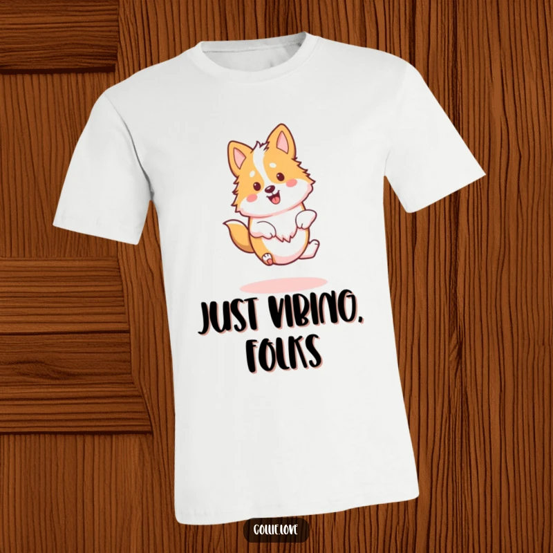 Funny Kawaii Collie T-Shirt, a dog doing a happy spin, full of energy and joy.