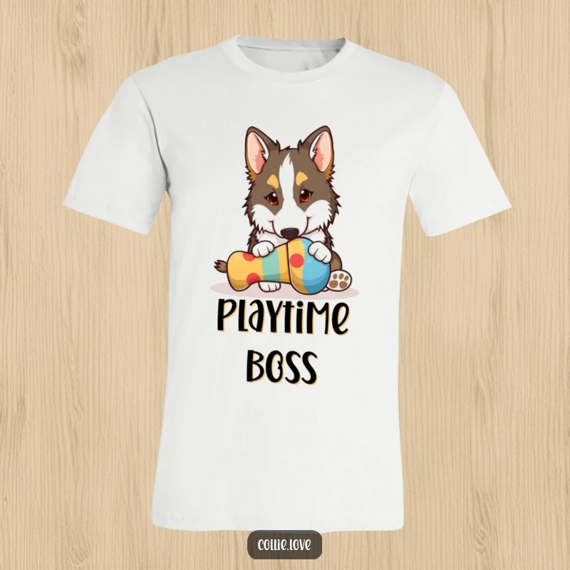 Funny Collie t-shirt, playfully nudging a vibrant dog toy with its nose, showcasing a hilarious doggy game, ideal funny gift.