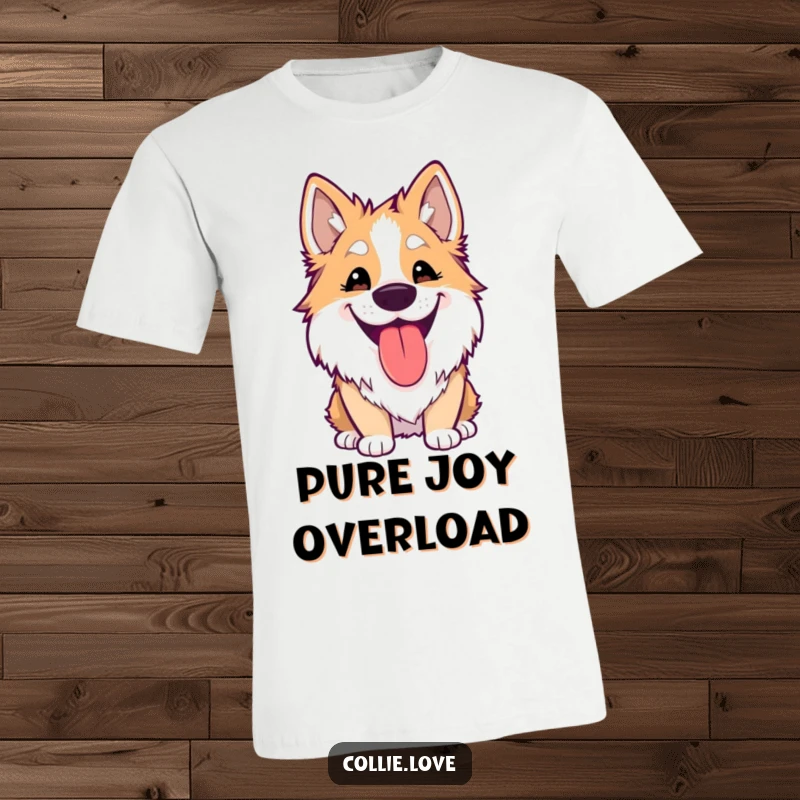 Funny Kawaii Collie T-Shirt showcasing a dog’s silly grin and lolling tongue, spreading cheer and humor.