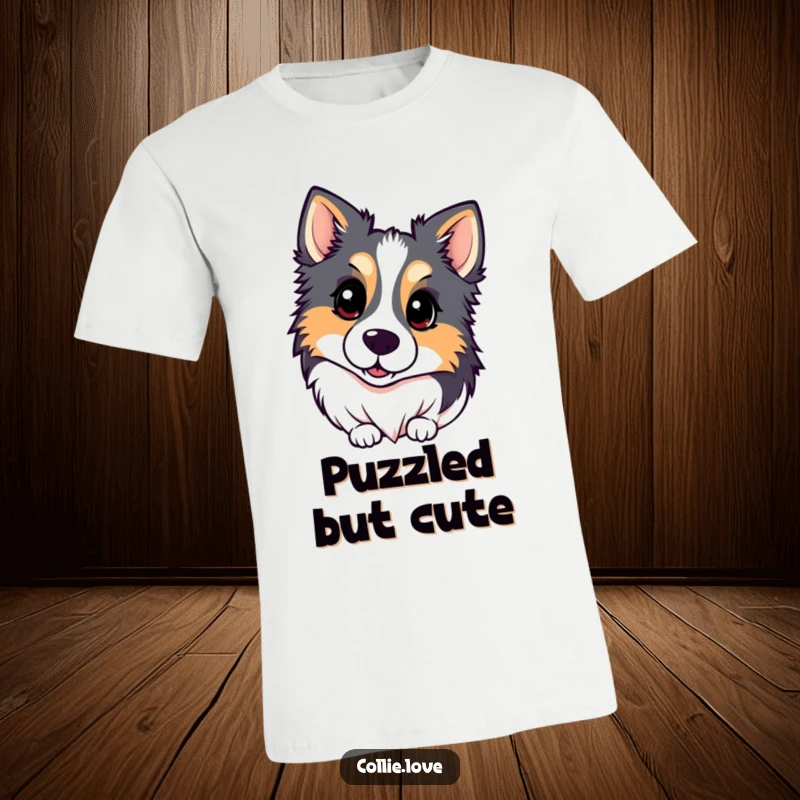 Funny Kawaii Collie T-Shirt showing a cute dog with its head tilted inquisitively, perfect for dog lovers and gift-givers.