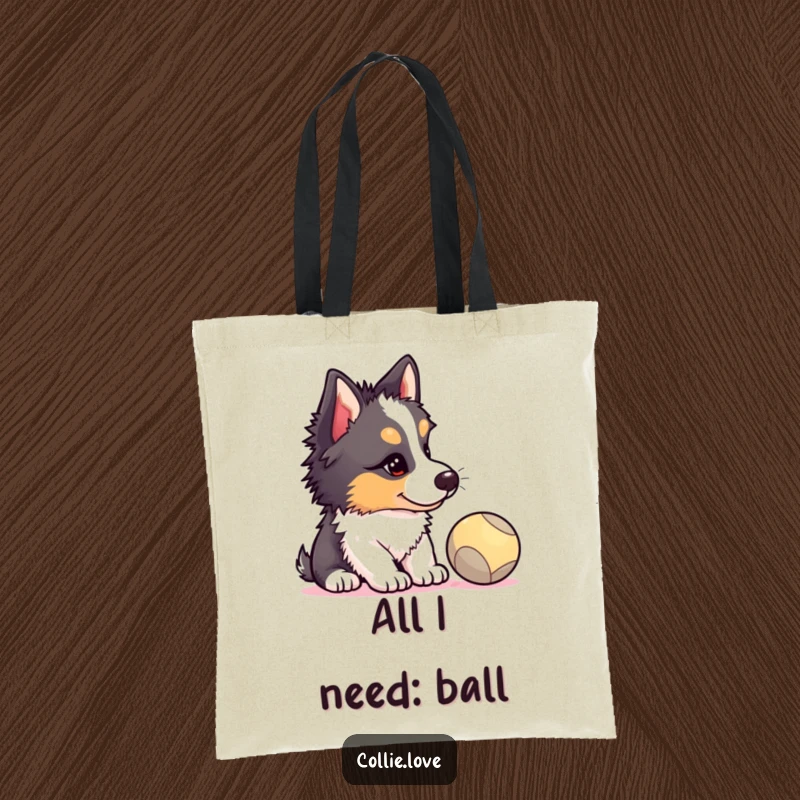 Funny Collie puppy tote bag, head tilted in cartoonish focus, watching a ball, a hilarious depiction of canine concentration, excellent funny gift.