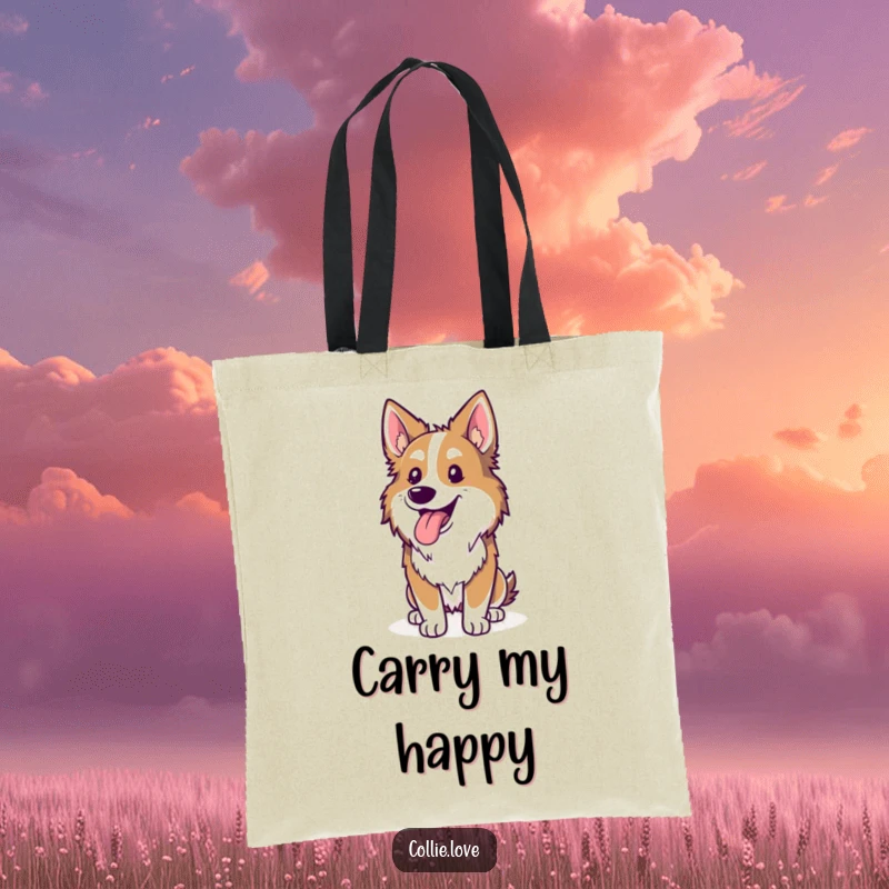 Funny Collie tote bag, tongue lolling out, happily panting after a run, a hilarious symbol of canine fitness, excellent funny gift.