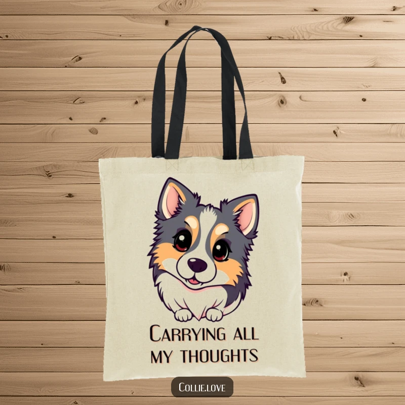 Funny Kawaii Collie Tote Bag depicting a dog with an inquisitive head tilt, practical and humorous for daily use.