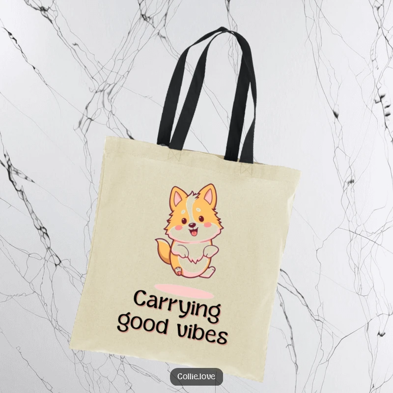 Funny Kawaii Collie Tote Bag, a dog happily spinning around, perfect for carrying essentials.