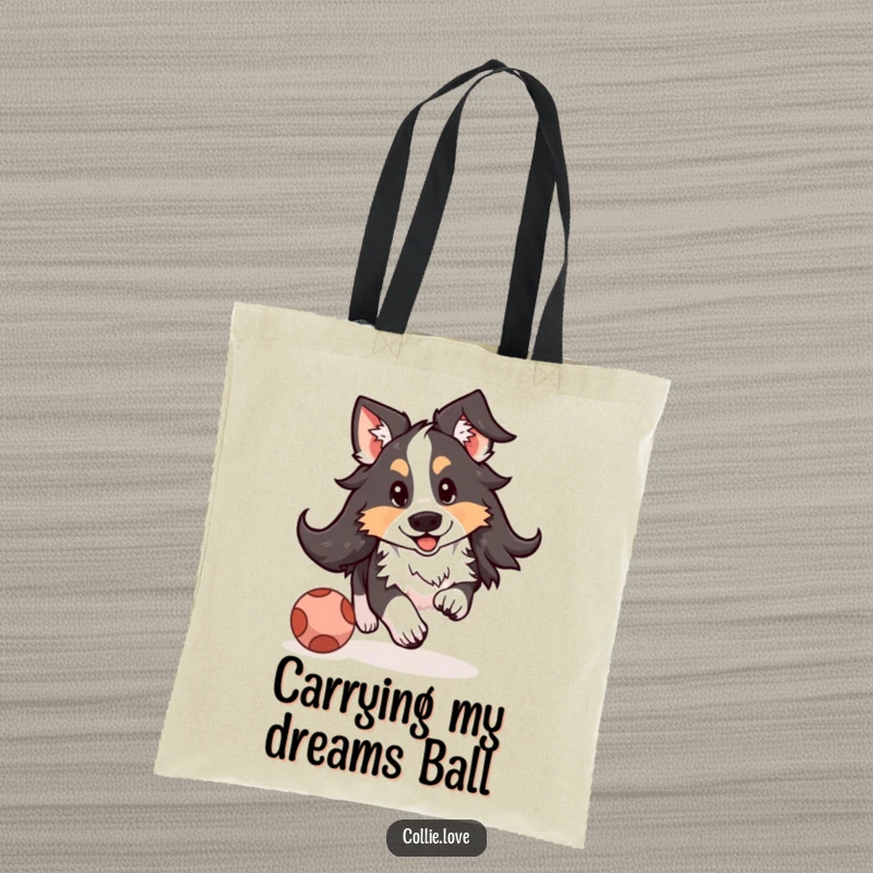 Funny Kawaii Collie tote bag showcasing a floppy-eared dog gleefully chasing a bouncing ball, ideal for shopping and errands.