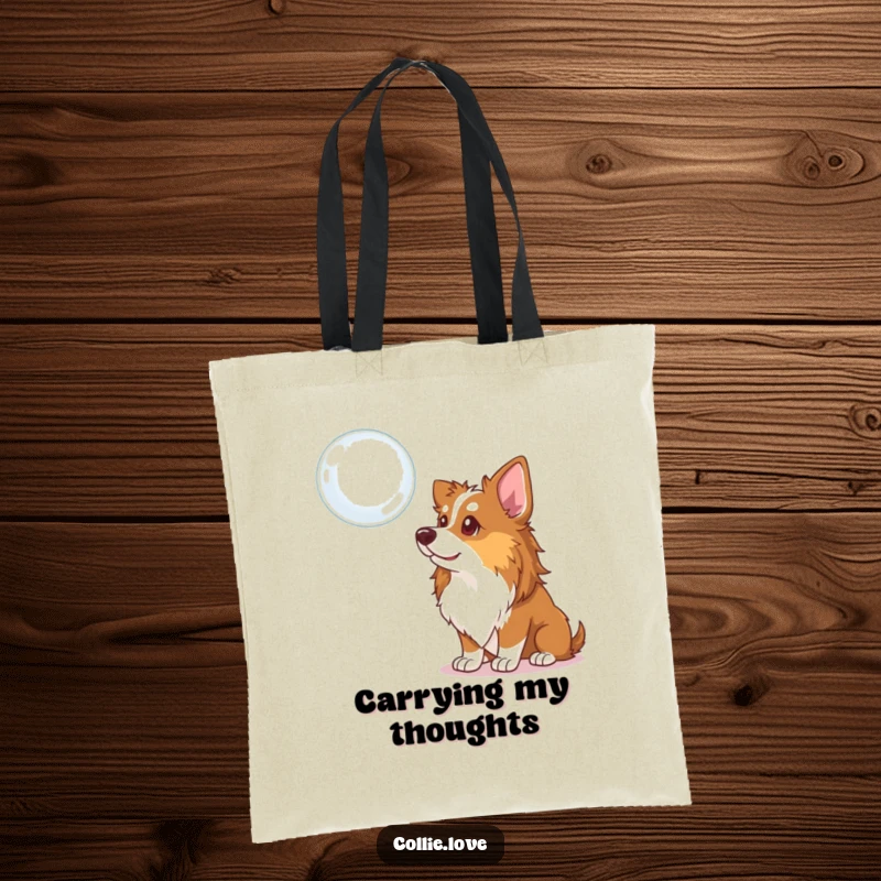Funny Collie Dog Tote Bag: A Collie tilting its head curiously at a floating bubble, showcasing playful observation and lighthearted fun.