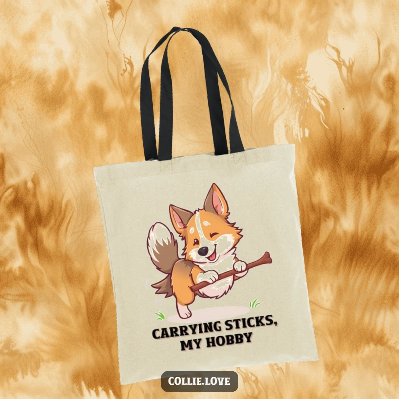 Funny Collie dog tote bag, tail wagging furiously, holding a stick, symbolizing joy and the love for outdoor play.