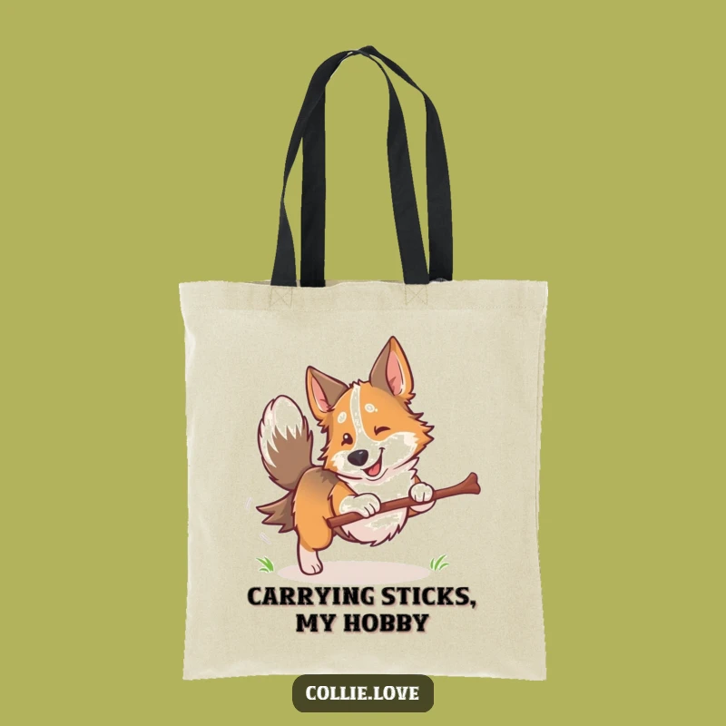 Funny Collie Dog Fetching Stick Tote Bag: Carry Your Essentials with Canine Cheer
