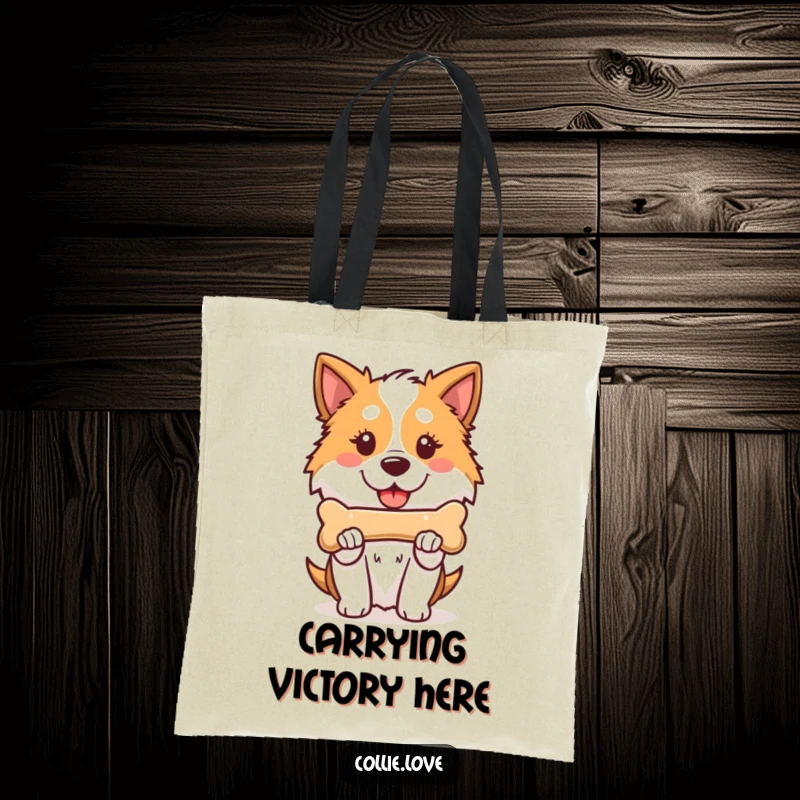 Funny Kawaii Collie Tote Bag, a proud dog holding a bone, perfect for carrying groceries or daily items.