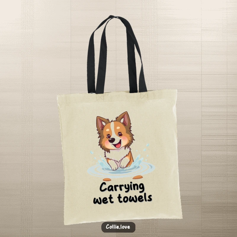 Funny Collie dog tote bag, happily splashing in a shallow stream with delight, symbolizing joy and outdoor water adventures.