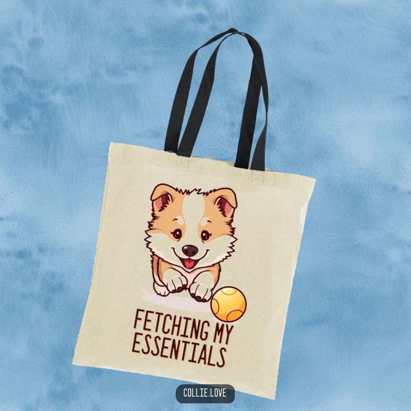 Funny Collie Puppy Tote Bag: A cute Kawaii Collie puppy is focused on chasing a bouncing ball, perfect for errands.