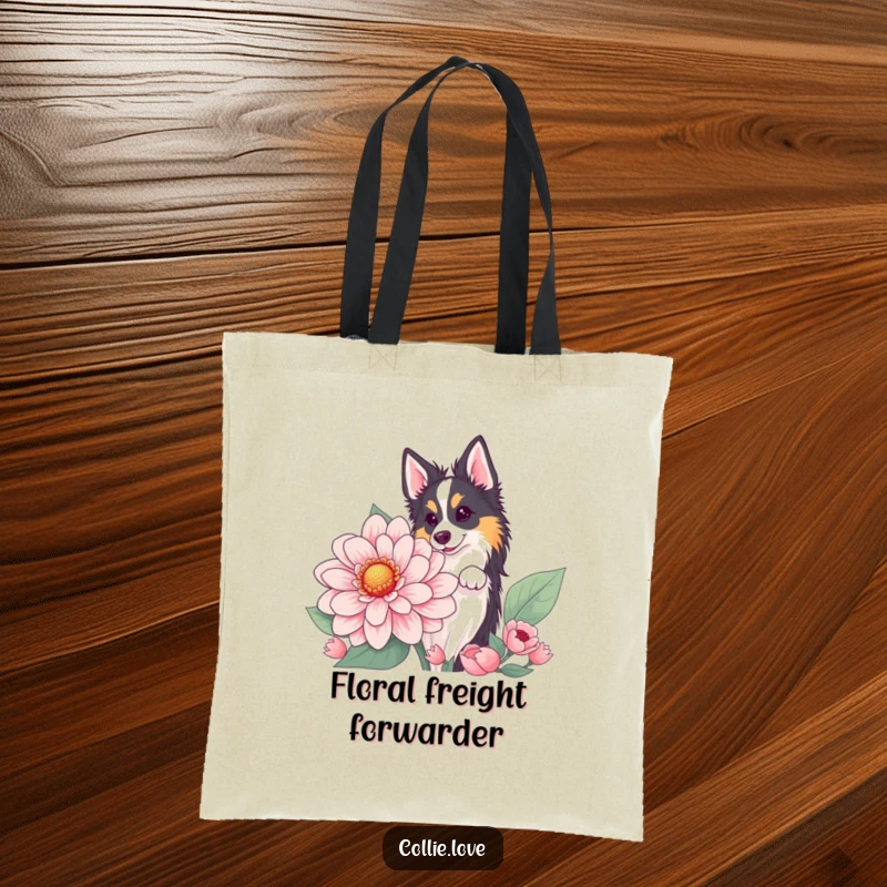 Funny Collie flower peek tote bag, featuring a dog peeking from behind a large flower. Charming funny gift.