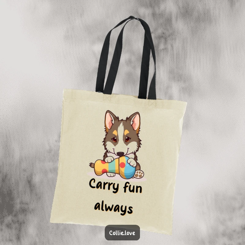 Funny Collie tote bag, playfully nudging a colorful dog toy with its nose, a hilarious symbol of canine fun, excellent funny gift.