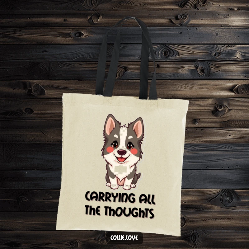 Funny Collie smile tote bag featuring a dog with a cute head tilt. Practical and humorous funny gift.
