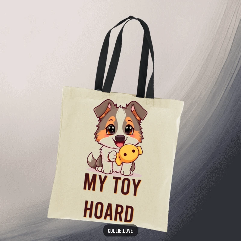 Funny Collie dog tote bag, offering a squeaky toy with an eager gaze, symbolizing fun and the joy of sharing.