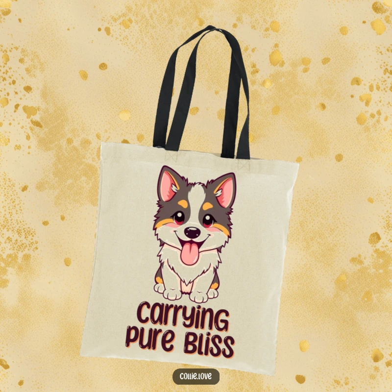 Funny happy Collie panting tote bag with its tongue out. Practical and cheerful funny gift.