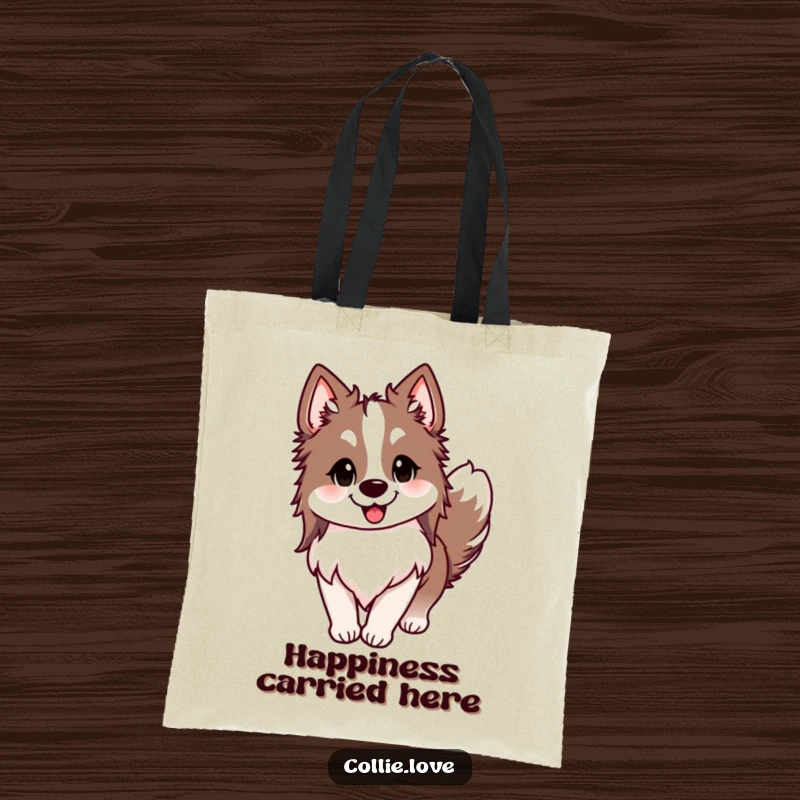 Funny Collie tote bag, ears perked, tail wagging joyfully, and a big happy smile, a hilarious symbol of canine happiness, excellent funny gift.