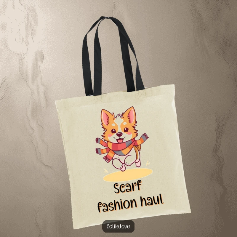 Funny Kawaii Collie tote bag with a joyful dog wearing a colorful scarf, running happily, perfect for shopping.