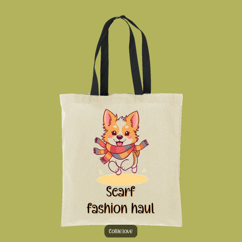 Funny Kawaii Collie Scarf Tote Bag - Joyful Running Dog Carryall