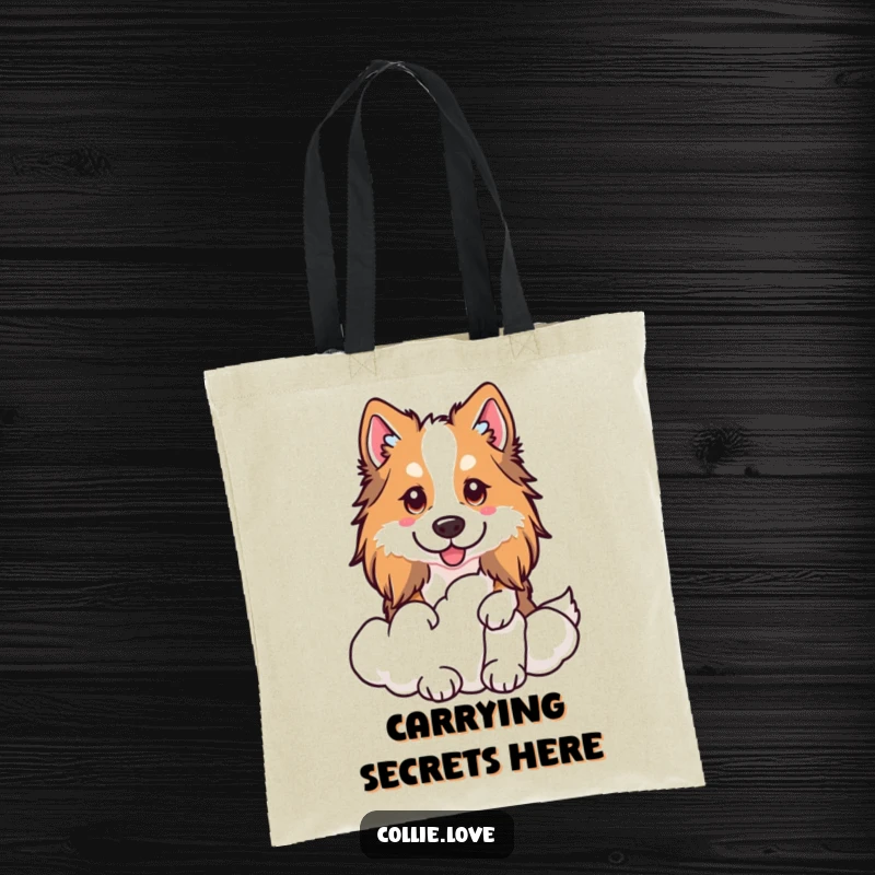 Funny Kawaii Collie Tote Bag, a dog peeking from behind a cloud, great for shopping.