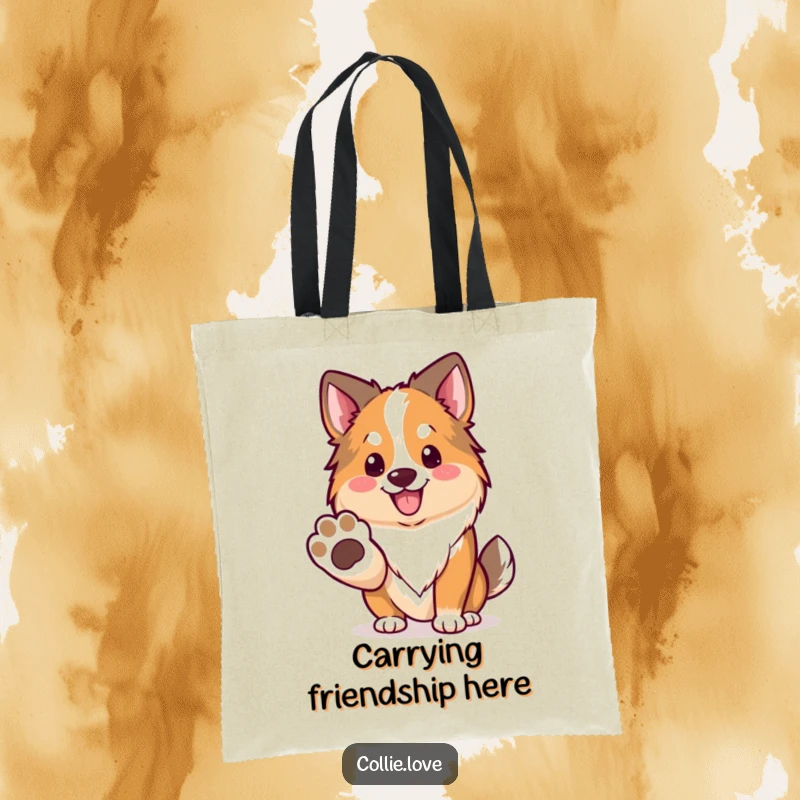Funny Kawaii Collie Tote Bag, a dog offering its paw, perfect for carrying groceries.