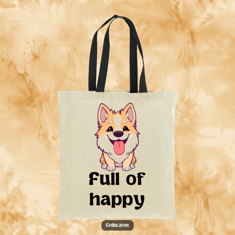 Funny Kawaii Collie Tote Bag with a dog’s silly grin and lolling tongue, perfect for shopping and fun.