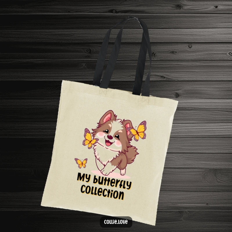 Funny Collie Dog Tote Bag: A fluffy Collie's happy pursuit of a fluttering butterfly, showcasing a playful and energetic scene.