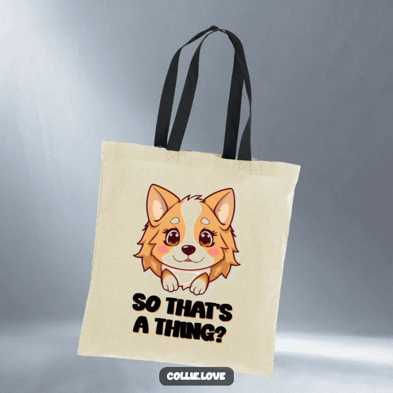 Funny Kawaii Collie Tote Bag, a dog with floppy ears looking utterly surprised, great for shopping.